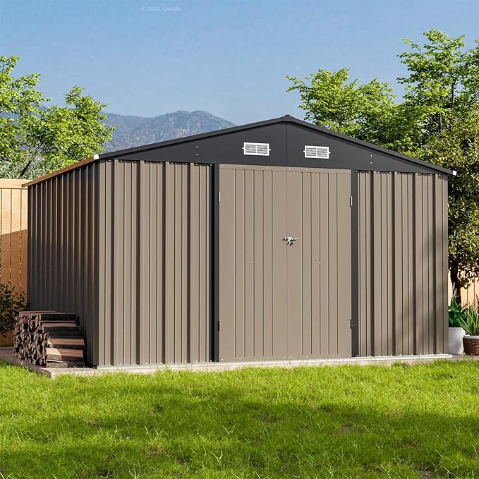 Patiowell 10 x 8 FT Outdoor Storage Shed with Floor Frame, Large Garden Tool Metal Shed with Sloping Roof and Double Lockable Door for Backyard Garden Patio Lawn,Brown