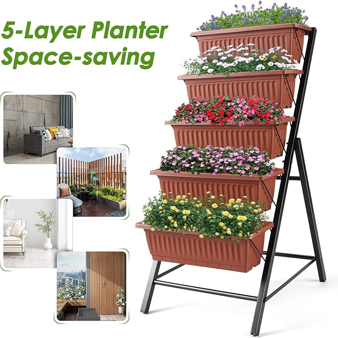 Suyncll Vertical Raised Garden Bed Planter Box,5 Tiers Vertical Garden Planter with Drainage System&4 Hooks for Herb Vegetables Flowers, Brick Red