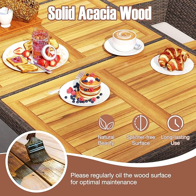 Tangkula 9 Pieces Rattan Outdoor Dining Set for 8, Outdoor Acacia Wood Table Set with 8 Cushioned Wicker Chairs, Umbrella Hole, Patio Dining Furniture Set for Deck Pool Backyard