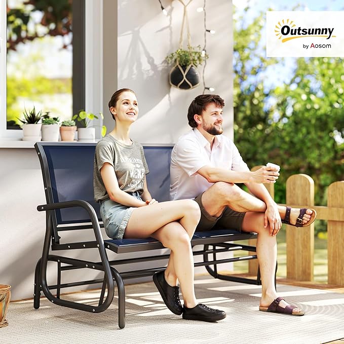 Outsunny 2-Person Outdoor Glider Bench, Patio Double Swing Rocking Chair Loveseat w/Powder Coated Steel Frame for Backyard Garden Porch, Dark Blue