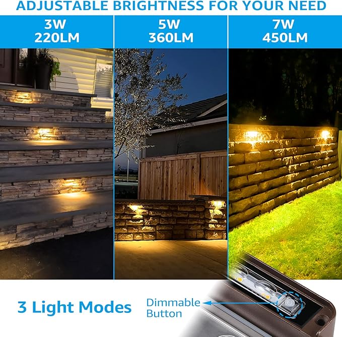LEONLITE 8-Pack Premium Series 12 Inch Dimmable LED Hardscape Lighting 3 Way, 3W/5W/7W Retaining Wall Lights, Low Voltage Landscape Lights, 12V Paver Light, Outdoor Step Light, 3000K Warm White, ETL