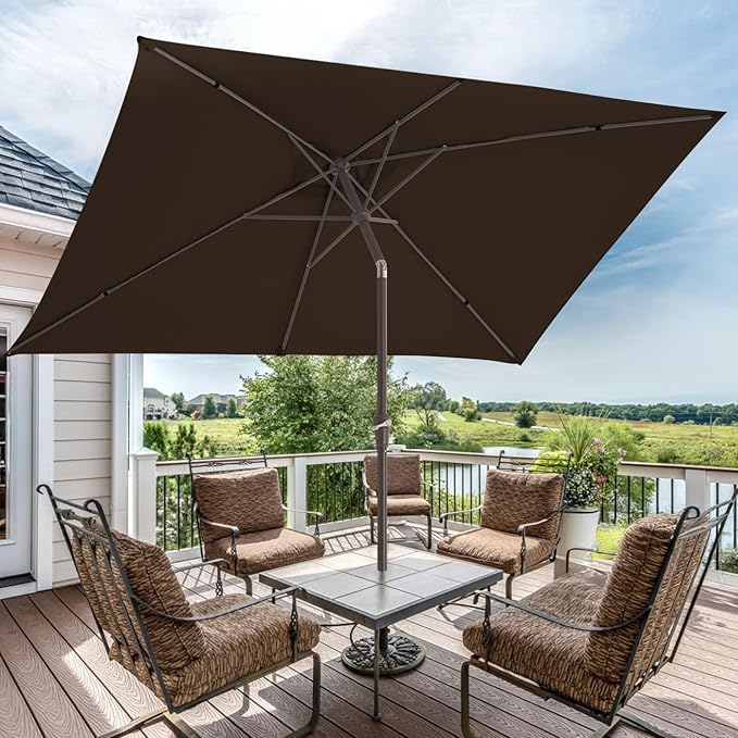JEAREY 6.5x10 ft Rectangular Patio Umbrellas Rectangle Outdoor Umbrella with Push Button Tilt and Crank, Market Table Umbrella 6 Sturdy Ribs UV Protection for Poolside Garden Backyard Deck, Brown