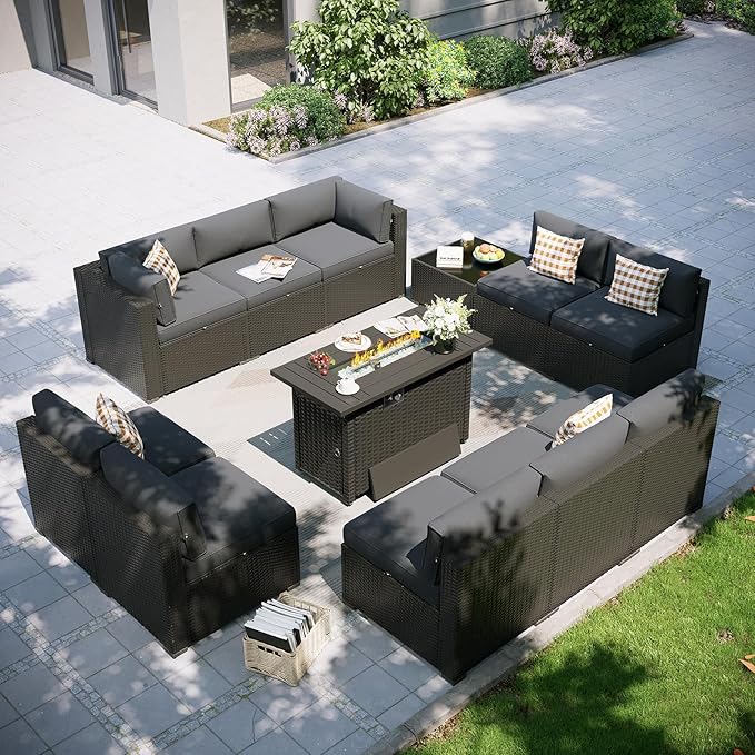 Aoxun Patio Furniture Set with Fire Pit Table, 12 Piece Outdoor Sectional Sofas, 10 Seats Wicker Rattan Outdoor Furniture with Thickened Cushion for Backyard, Garden Dark Grey