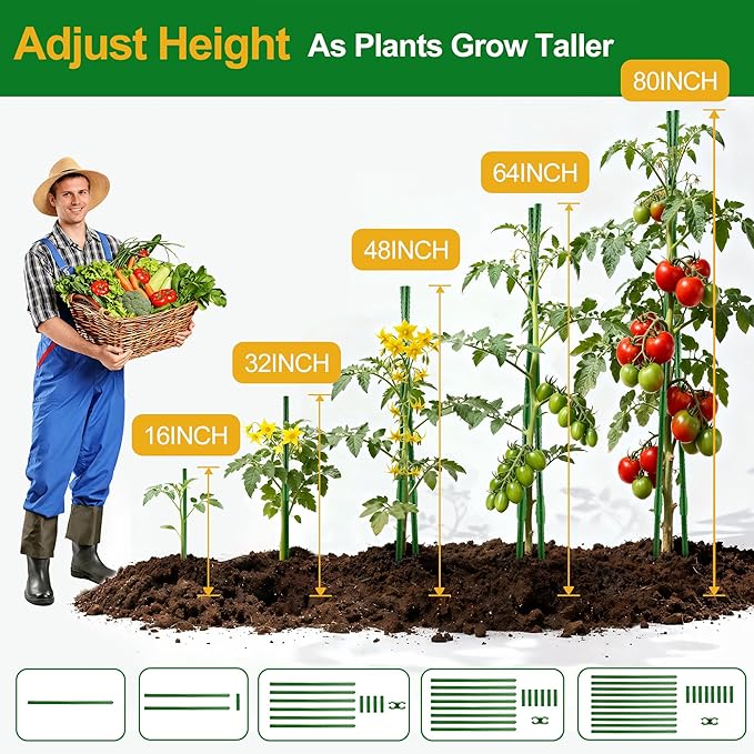 WAENLIR 16 Inch 24 Pack Extendable Garden Stakes Kit, DIY 4ft 5ft 6ft 7ft 8ft Plant Support Stakes with Connectors and Clips, Plastic Coated Metal Sticks for Tomato Indoor Outdoor