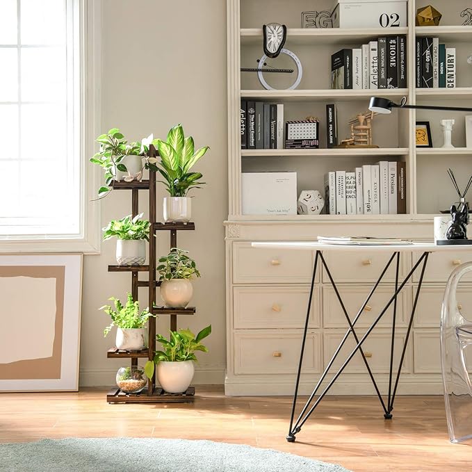 Mkono Wood Plant Stand 6 Tier 7 Potted Plant Shelf Indoor Outdoor Tall Multi-tiered Flower Pot Holder Modern Ladder Storage Rack Display Planter for Patio Garden Corner Balcony Living Room, Brown