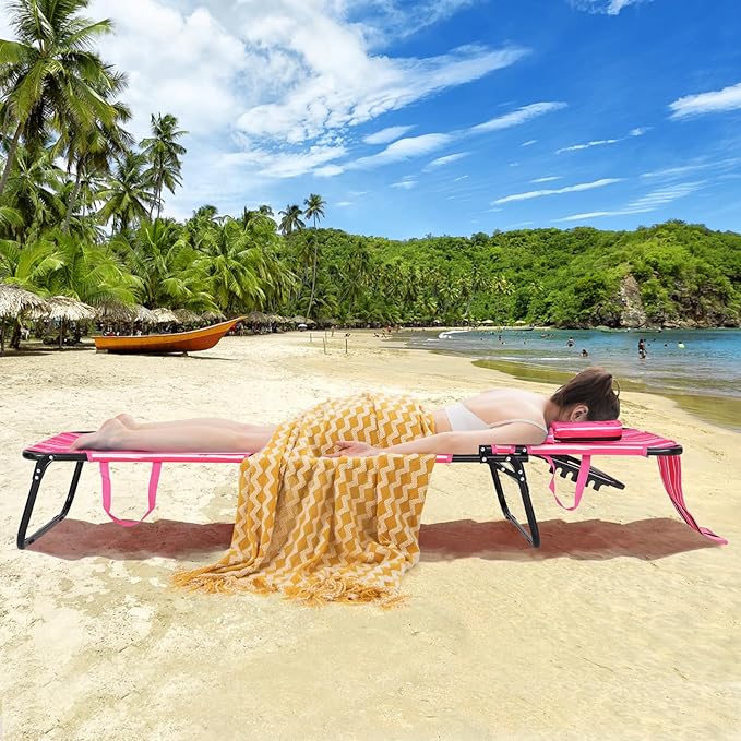 GYMAX Tanning Chair, 350lbs Beach Lounge Chair with Face Hole, Washable Pillow & Carry Strap, Adjustable Folding Chaise Lounge, Layout Lounger for Outside, Patio, Poolside, Lawn (1, Pink Stripe)