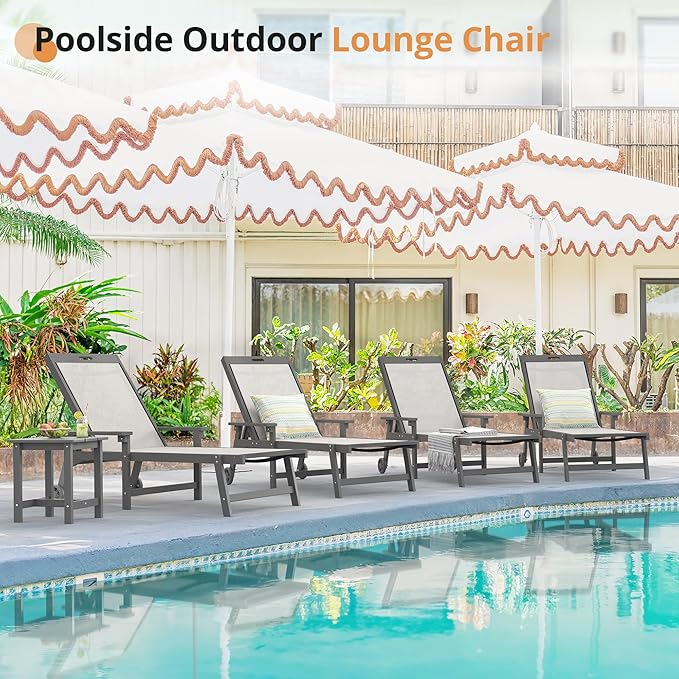 LUE BONA Chaise Lounge Chair Outdoor, HDPS and HDPE Wicker Chaise Lounger with 5 Positions, Pool Lounge Chairs with Wheels and Adjustable Backrest for Patio, Poolside, Deck, Backyard