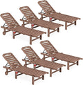 SERWALL Outdoor Chaise Lounge Set of 6, HDPE Pool Lounge Chair with 5-Position Adjustable Backrest, Patio Lounger with Rolling Wheels & Cup Holder for Pool, Brown
