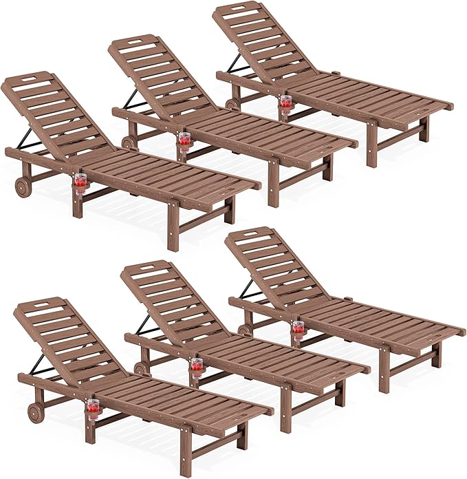 SERWALL Outdoor Chaise Lounge Set of 6, HDPE Pool Lounge Chair with 5-Position Adjustable Backrest, Patio Lounger with Rolling Wheels & Cup Holder for Pool, Brown
