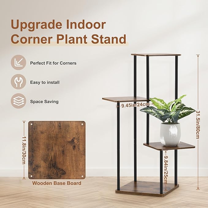 4 Tier Plant Stand Indoor Outdoor, Wood Metal Corner Shelf, Multiple Flower Pot Rack Holder Shelves, Planter Shelf Display Storage Organizer for Patio Living Room Balcony (Black)