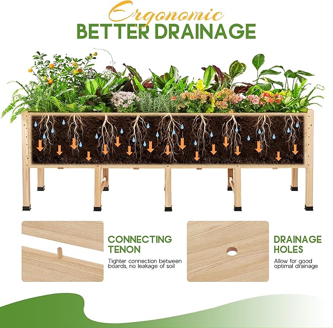 AMERLIFE 7x2 Ft Raised Garden Bed, 16 Inch Depth Featuring Legs, Drainage Holes, Ideal for Deep Rooted Vegetables, Flowers, Herbs, Elevated Wood Planter Box for Balcony, Patio, Backyard, Easy Assembly