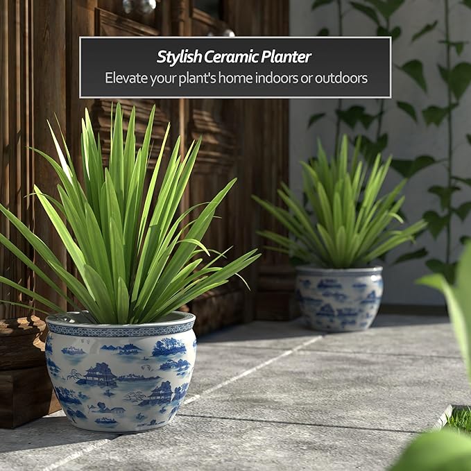 Red Lantern 12" Landscape Blue & White Porcelain Fishbowl Planter or Cachepot for Indoor/Outdoor Use in Garden Entryway Living Room Boho Eclectic Modern Contemporary Classic Traditional Style Decor