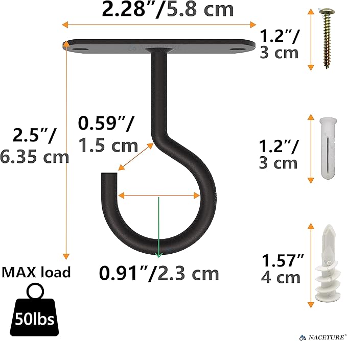 NACETURE Ceiling Hooks Heavy Duty 2 Pack - Plant Hooks for Ceiling Hanging Hook for Hanging Basket Hook, Light, Bird Feeders, Wind Chimes Décor Indoor & Outdoor (Black, 2.5 Inch 2 Pack)