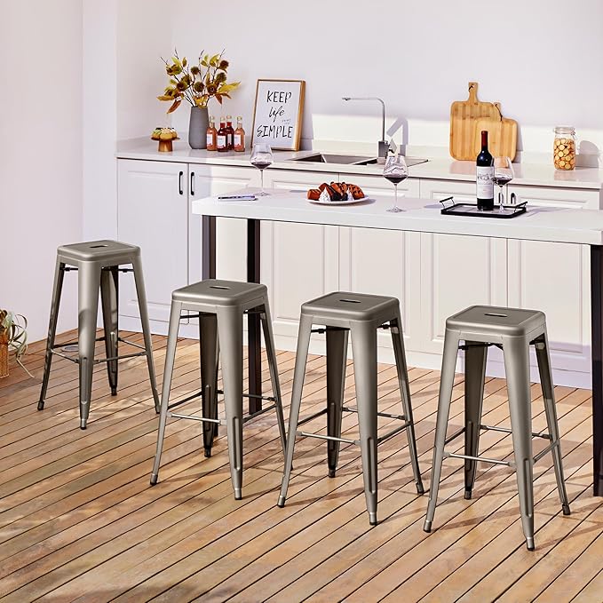 Yaheetech 30 Inch Metal Bar Stools Set of 4, Bar Height Backless Bartools, Industrial Stackable Bar Chairs with Footrest for Kitchen/Dining Room/Bistro/Patio, Gun Metal