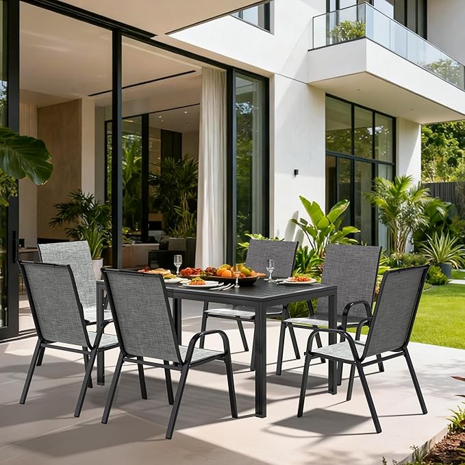 Pamapic Outdoor Dining Sets for 6, Rectangular Steel Slat Table with 6 Textilene Chairs, 7 Piece Patio Table and Chairs Set with Umbrella Hole for Patio, Garden, Backyard and Poolside (Grey)