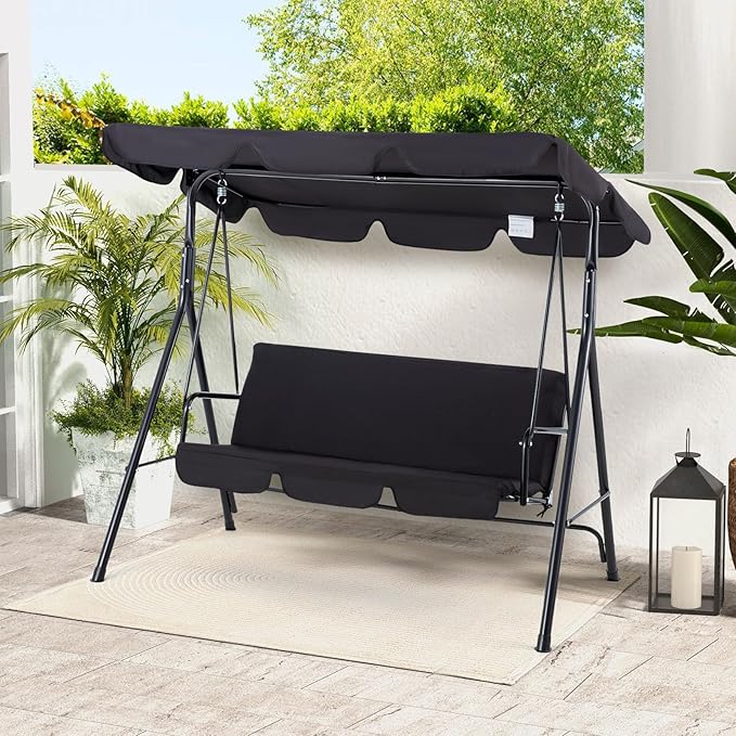 AECOJOY Porch Swing with Stand, Outdoor Swings for Adults, 3-Seat Outdoor Swing with Canopy, Outside Swing Bench with Removable Cushion, Suitable for Backyard, Garden, Yard, Poolside, Balcony (Black)