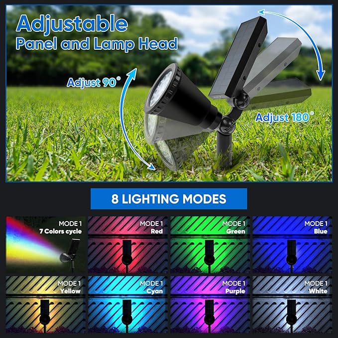 KEV Solar Spot Lights Outdoor,18 LEDs Solar Flood Lights with 8 Modes &Colored Adjustable &IPX65 Waterproof,Christmas Solar Spotlight for Driveway/Backyard/Landscape/Tree/Garage(Multicolor,4 Pack)