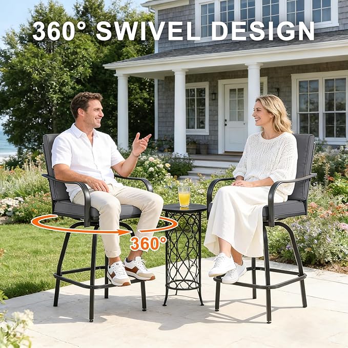 Patio Swivel Bar Stools Set of 4, Outdoor Bar Height Swivel Chairs with Cushions for Garden Balcony Backyard, Grey
