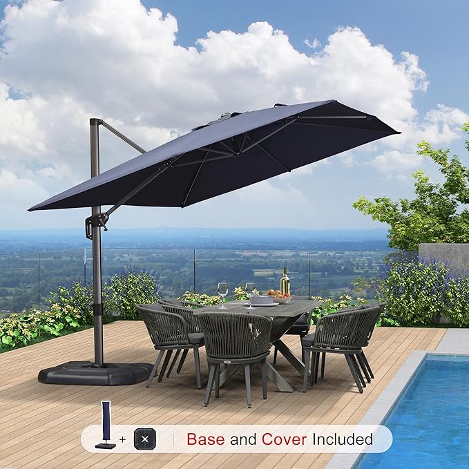 PURPLE LEAF 9'×11.5' Cantilever Patio Umbrella with Base Rectangle Offset Outdoor Umbrella Cover with Zipper for Garden Deck Pool Navy Blue