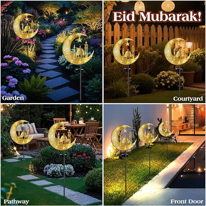 Lewondr 2Pcs Ramadan Solar Lights, Ramadan Decorations Outdoor, Metal Yard Signs LED Eid Decorations Mubarak Star Moon Castle, Waterproof Solar Garden Stakes Lights for Walkway Lawn Patio
