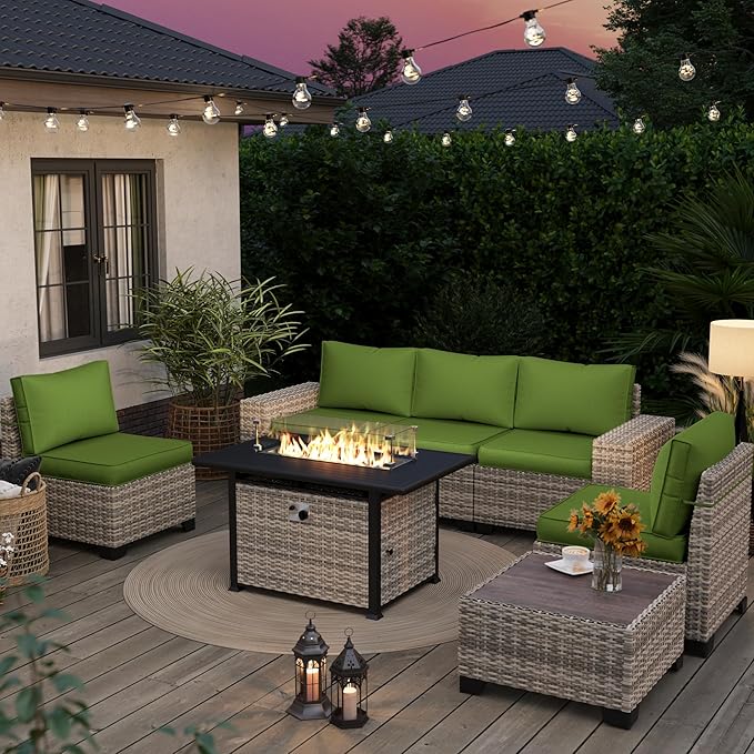 7-Piece Outdoor Patio Furniture Set with 55,000 BTU Fire Pit Table, PE Wicker Rattan Sectional Sofa Patio Conversation Set with Thickened Cushions & Coffee Table, Avocado Green