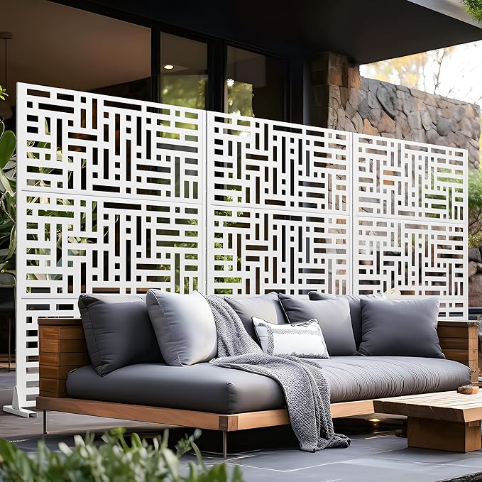 Casaphoria Metal Privacy Screen Outdoor, 72" H x 47" W Freestanding Decorative Privacy Screen for Patio Deck Balcony Garden with Stable Base, White-Helen