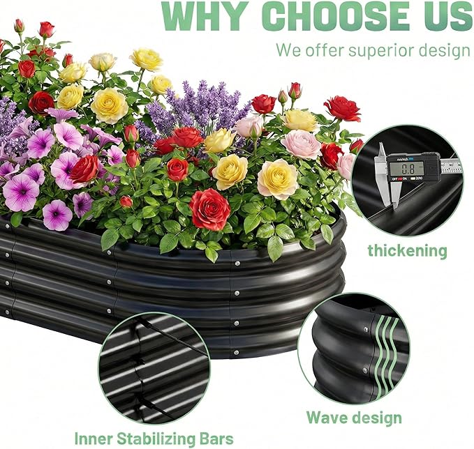 AHEONLAR 3 Pack 6×3×1ft Galvanized Raised Garden Beds, Oval Durable Planter Boxes Outdoor for Vegetables, Fruits, Flowers and Plants, Quick Assembly, Black