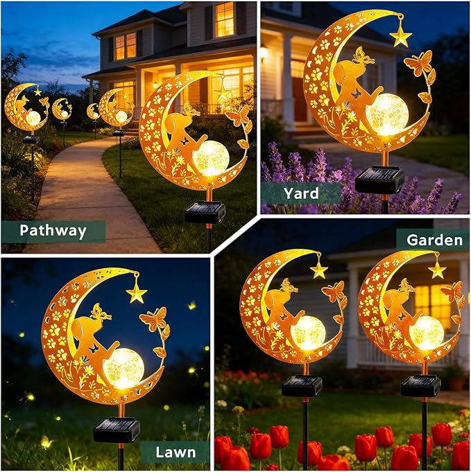 ZNYCYE Solar Lights Outdoor Decorative Moon Dog Butterfly Solar Stake Lights Birthday Gifts for Women mom Grandma, Garden Decor Waterproof for Walkway, Yard, Lawn, Patio (Warm White)