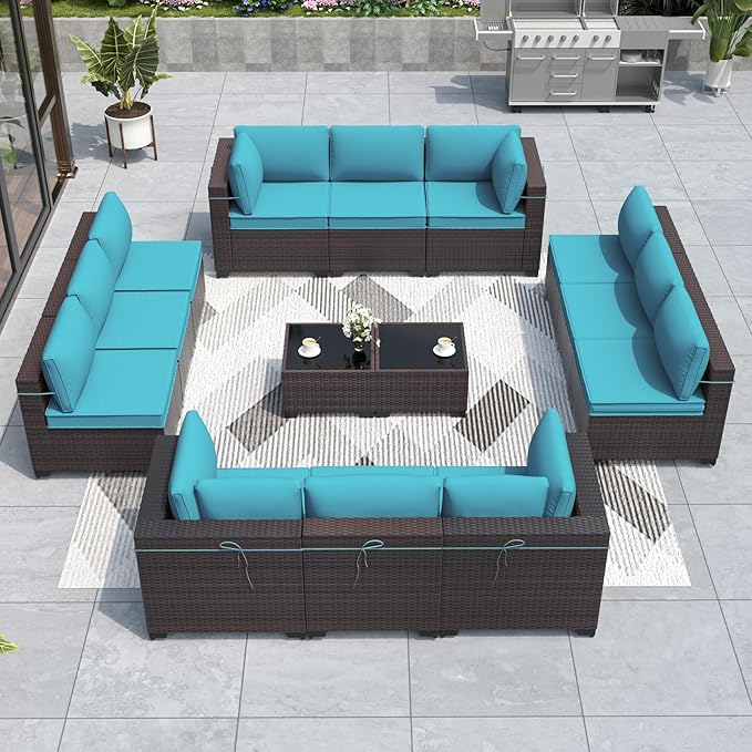 ALAULM Patio Furniture Set with Coffee Table, 14 Pieces Outdoor Sectional with Wide Seat and Thick Cushion, All Weather Wicker Rattan Conversation Set for Backyard, Garden, Deck, Turquoise