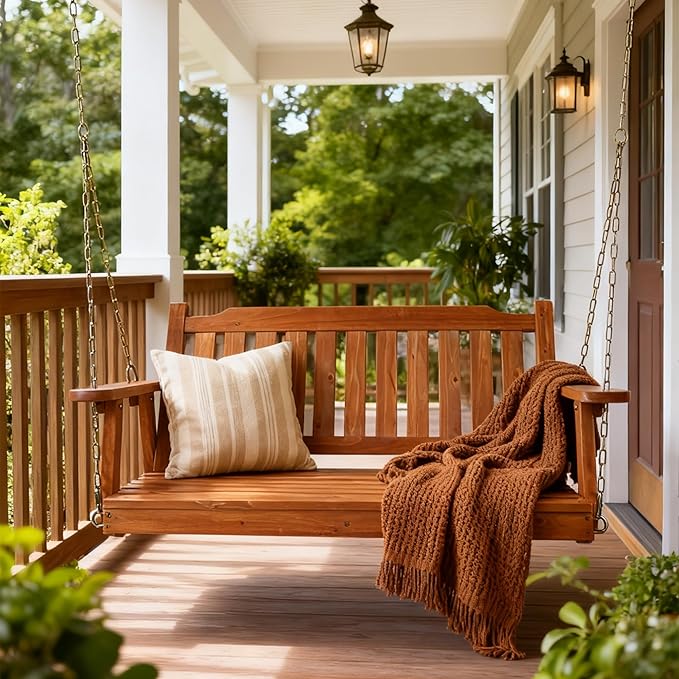 Wooden Porch Swing 2-Seater, Bench Swing with Hanging Chains, Heavy Duty 800 LBS, for Outdoor Patio Garden Yard, 4 Ft, Brown
