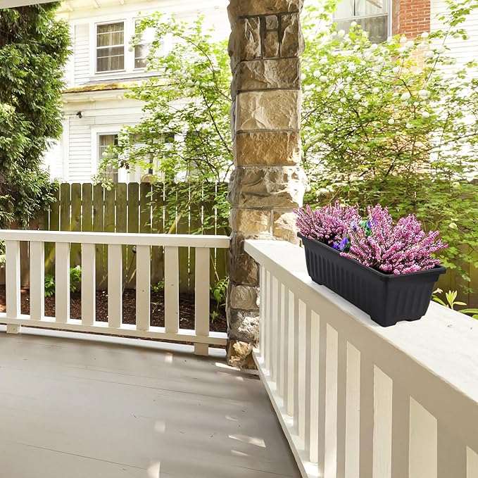 GREANER Rectangle Planters for Indoor Plants, 6 Pack 16.9x7.48 Inch Large Vegetable Flower Herb Window Boxes, Outdoor Plastic Growing Pots with Tray for House Windowsill Balcony Garden Use (Black)
