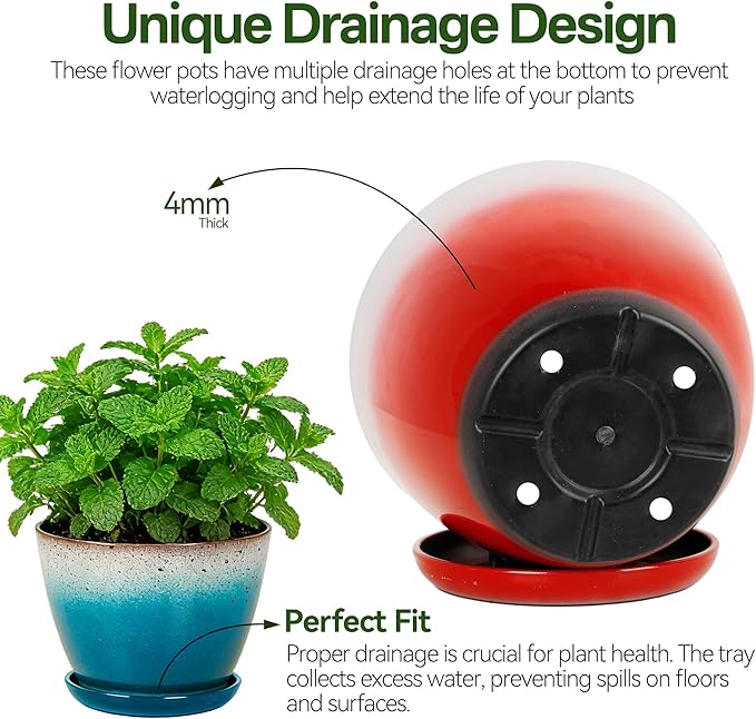 Worth Garden Plastic Round 8" Plant Pots - Set of 6 Multicolor Small Gloss Flower Pot Planters with Drainage Hole and Saucer - Home Decorative Christmas Containers