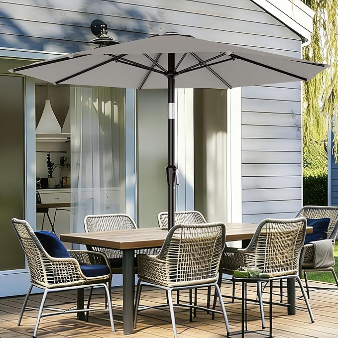 AreShark 9 FT Patio Umbrella for Outdoor, Outdoor Table Umbrella with Push Button Tilt and Crank, Outdoor Patio Umbrellas with 8 Sturdy Ribs for Market, Garden, Pool (Light Gray)