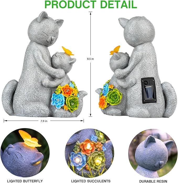 Solar Garden Statues Loving Cat Figurine Lights for Outside, Yard Decorations Outdoor, Garden Decor Unique Mothers Day Birthday Housewarming Gifts for Mom, Women, Lover