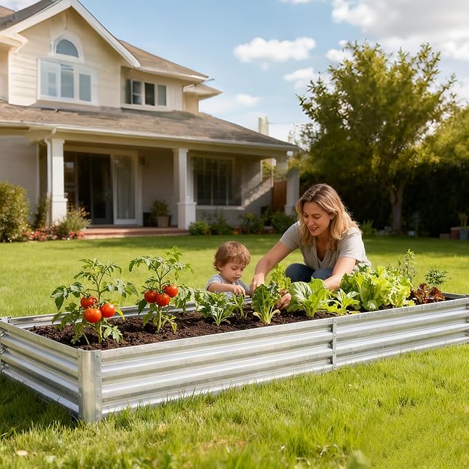 DUMOS Raised Garden Bed with Cover, 8x4x1ft Planter Box Outdoor for Deep-Rooted Herbs/Flowers/Vegetables, Extra Large Metal Garden Bed Mini Greenhouse for Patio, Balcony and Backyard, Silver