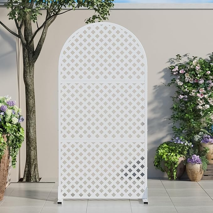 Casaphoria 72" H x 35" W Arched Metal Privacy Screen - Elegant Freestanding Outdoor Screen for Deck, Patio & Balcony - Versatile Decorative Privacy Panels for Home & Garden Use (White-Laurence)