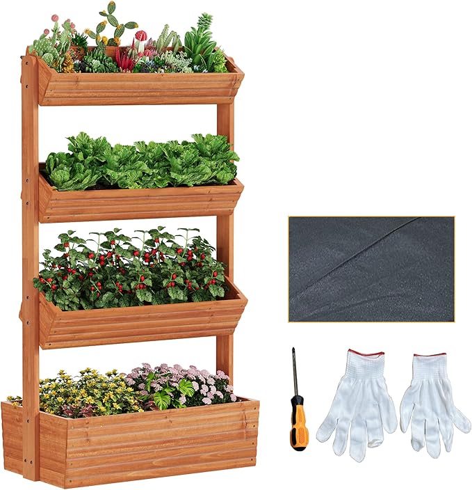 Vertical Wooden Raised Garden Bed Planters Wood Planter Kit Plant Stand Flower Rack Planter Box Gardening for Plants Herbs Flowers Vegetables Outdoor Indoor Freestanding (Orange 4-Tier)