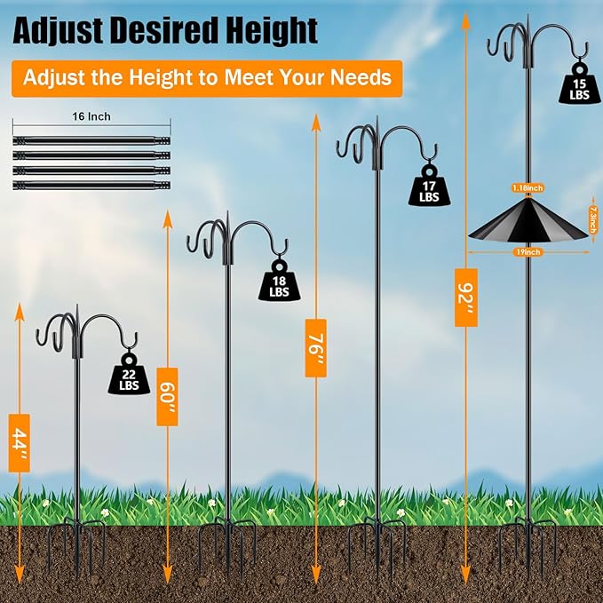 FEED GARDEN 92" Squirrel-Proof Bird Feeder Pole - Heavy-Duty Shepherd's Hook with 3 Hooks, 5-Prong Base & 19" Baffle for Outdoor Feeders & Plants