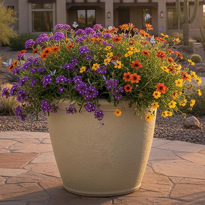 Sunnydaze 20-Inch Anjelica Large Plastic Pot for Plants - Outdoor Double-Walled Large Plastic Planter with Drillable Drainage Holes - Beige - 2pk