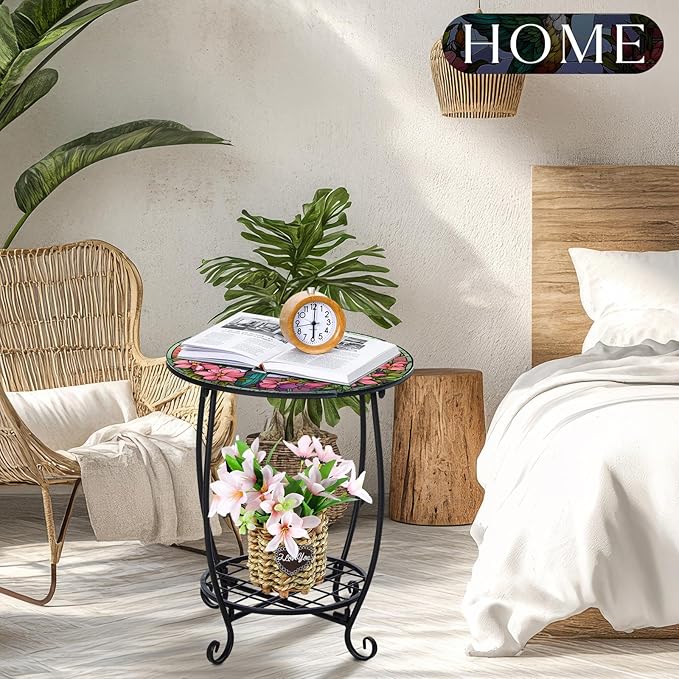 Outdoor Side Table Round Small Mosaic Patio Accent Indoor End Plant Coffee Tea Table for Yard Patio Porch Garden Living Room, Bedroom(Hummingbird Style,18 Inch)