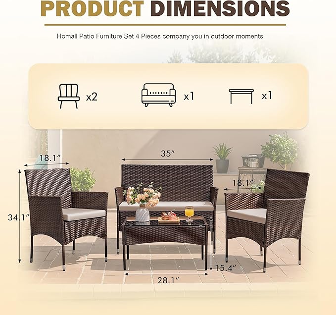 Homall 4 Pieces Outdoor Patio Furniture Sets Rattan Chair Wicker Set,Outdoor Indoor Use Backyard Porch Garden Poolside Balcony Furniture (Brown and Beige)