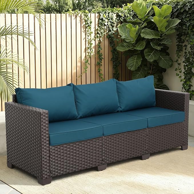 WAROOM Patio Couch PE Rattan 3-Seat Outdoor Sofa Brown Wicker Furniture Set Deep Seating with Anti-Slip Peacock Blue Cushion
