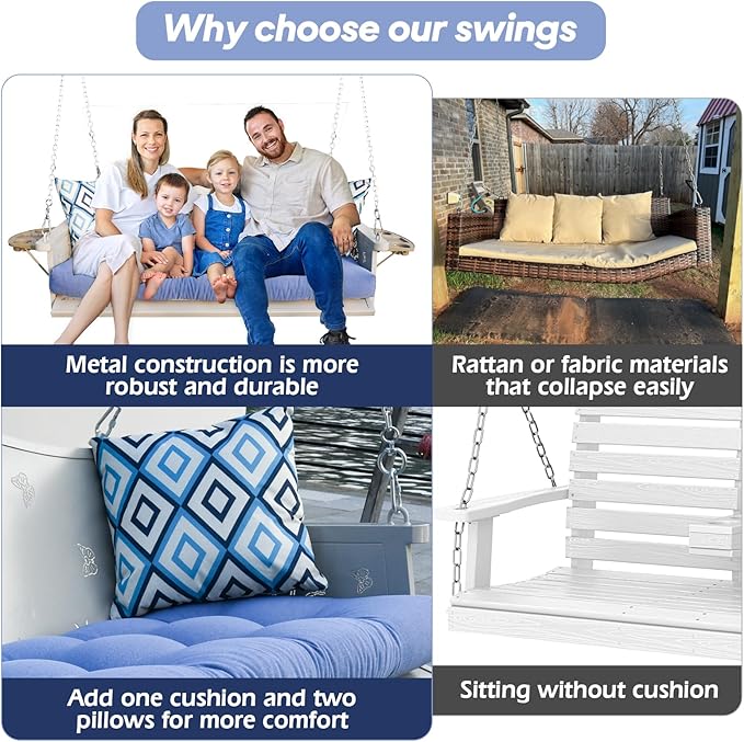 3-Seat Metal Porch Swing 900 LBS Heavy Duty Hanging Bench with Upgraded Tray & Cushions Rust-Resistant Finish Swing Chair with 8.9FT Chains for Patio Lawn Garden