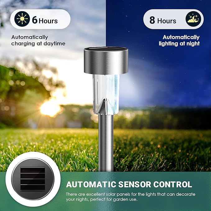 GIGALUMI 16 Pack Solar Lights Outdoor Waterproof,Stainless Steel LED Solar Garden Lights for Patio, Lawn, Yard and Landscape(Cold White)