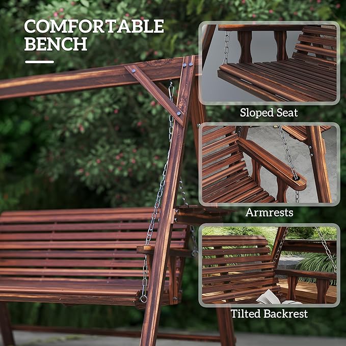 Outsunny 3 Seat Porch Swing with Stand, Wooden Patio Swing Chair with Side Tables and Metal Chains, Outdoor Swing Bench for Garden, Poolside, Backyard, Carbonized Brown
