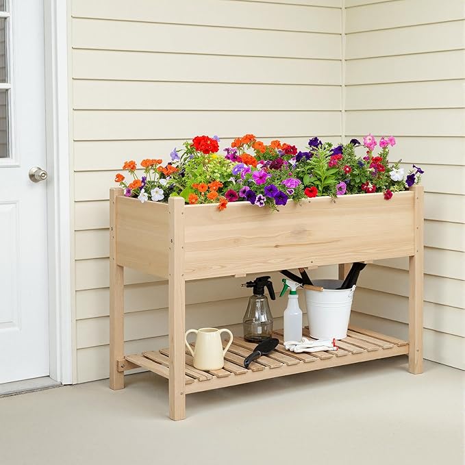 Yaheetech 47x23x32in Wooden Raised Garden Bed with Legs & Storage Shelf Horticulture Wooden Elevated Planter Box Vegetable Growing Bed for Flower/Herb/Backyard/Patio