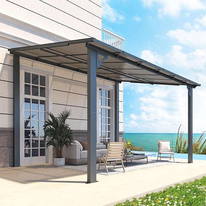 AECOJOY 12' x 8' Gazebo Outdoor Pergola for Patio, 8'x12' Hard Top Lean to Pergolas and Gazebos Clearance with Patio Roof Shelter, Large Wall-Mounted Heavy Duty Awnings for Decks, Backyard