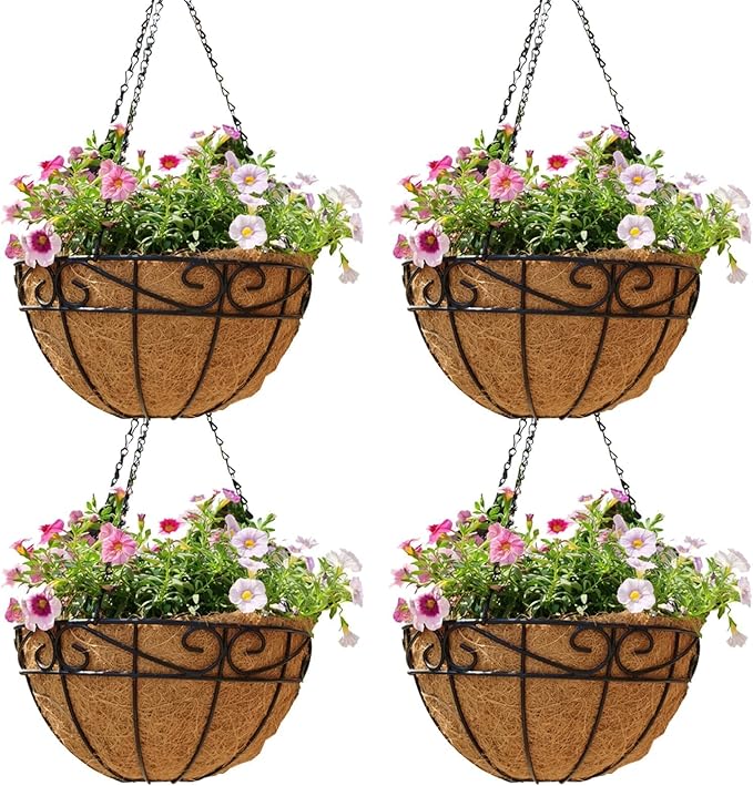 4 Pack 14 Inch Hanging Baskets for Plants Outdoor Metal Hanging Planter Hanging Flower Baskets with Coco Fiber Liners Chain Round Wire Plant Holder Hangings Flower Pots(Plaid)