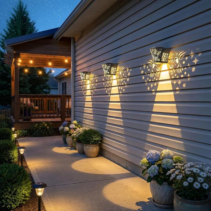 2 Pack Solar Fence Lights Outdoor Wall lihgts Decorations Metal Solar Deck Lights Waterproof LED Solar Powered Step Light Warm White Decorative Lighting for Garden, Front Door (Hummingbird)