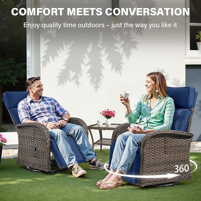 Belord Dual-Adjust Swivel Outdoor Recliner Chair Set of 3 - Reclining Patio Chair with Adjustable Backrest and Footrest, All-Weather Wicker Chaise Lounge Outdoor with Side Table for Pool Deck Brown